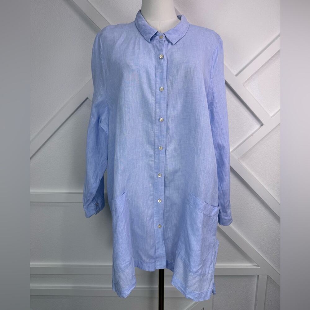 Poetry 100% Linen Button Front Tunic Blouse With Pockets Light Blue Size US 10